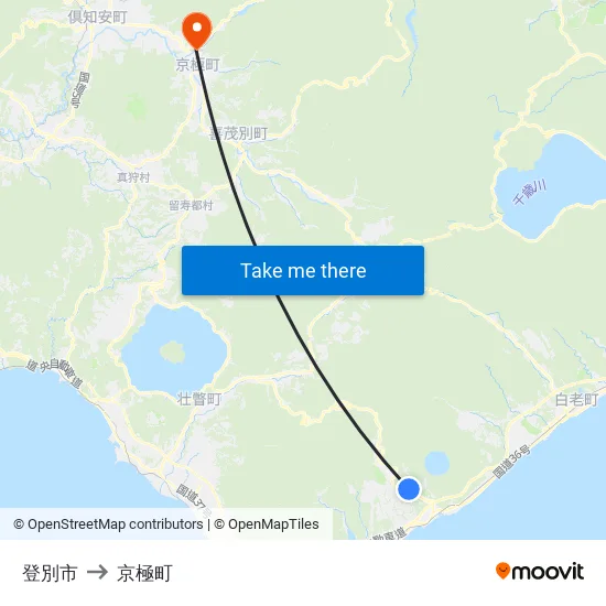 登別市 to 京極町 map