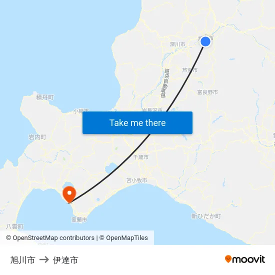 旭川市 to 伊達市 map