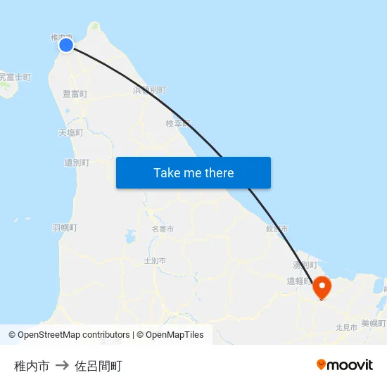 稚内市 to 佐呂間町 map