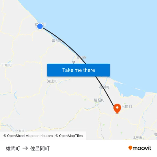 雄武町 to 佐呂間町 map