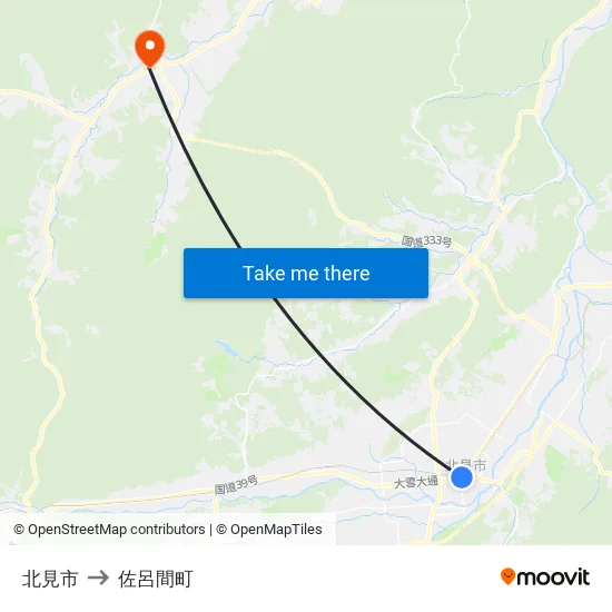 北見市 to 佐呂間町 map