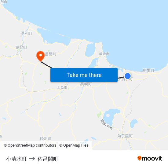 小清水町 to 佐呂間町 map