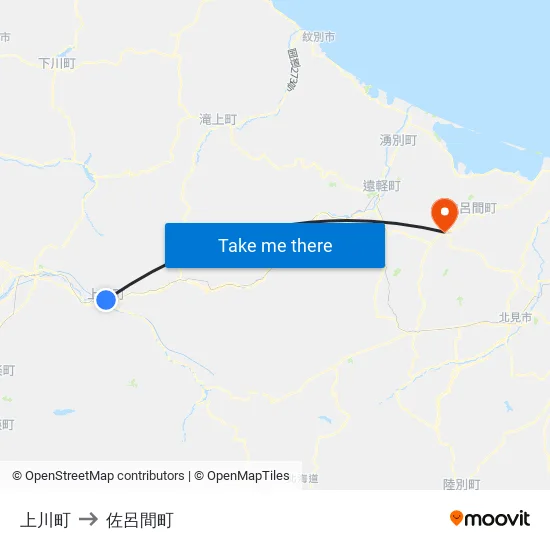 上川町 to 佐呂間町 map