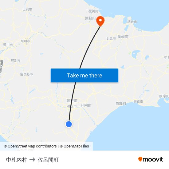 中札内村 to 佐呂間町 map