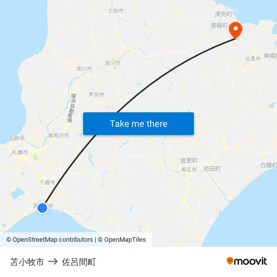 苫小牧市 to 佐呂間町 map