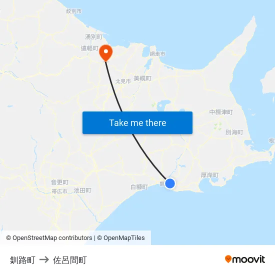 釧路町 to 佐呂間町 map