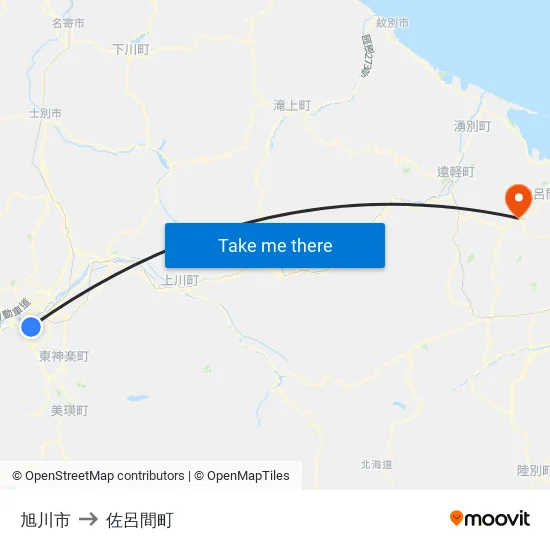 旭川市 to 佐呂間町 map