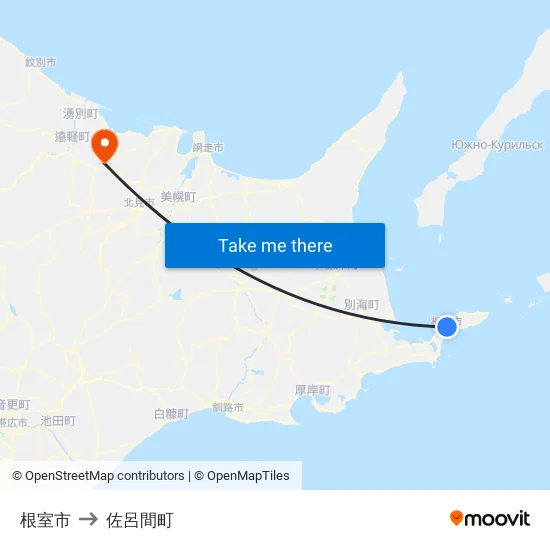 根室市 to 佐呂間町 map