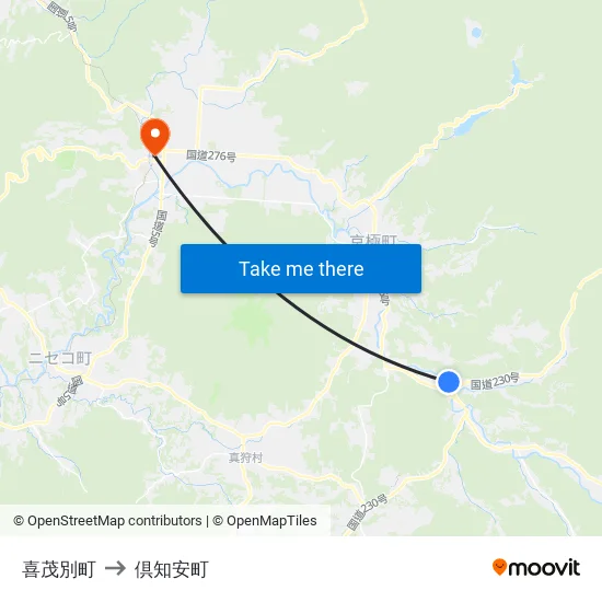 喜茂別町 to 倶知安町 map