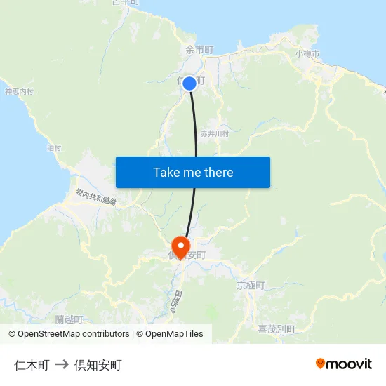 仁木町 to 倶知安町 map