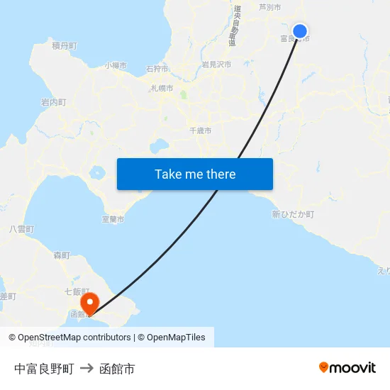 中富良野町 to 函館市 map