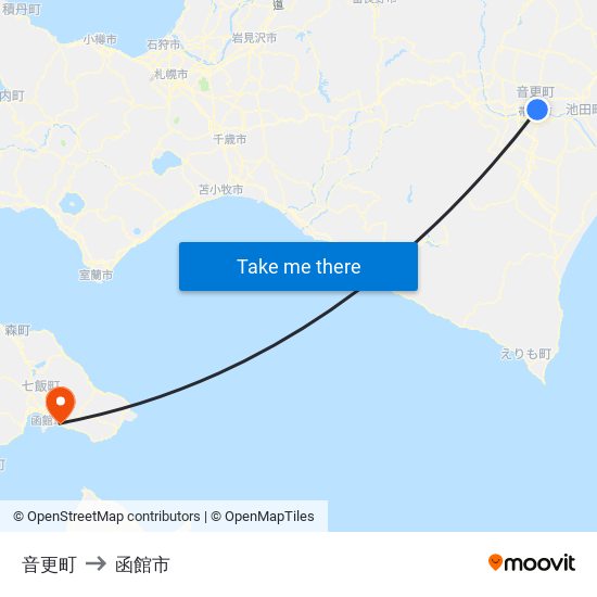 音更町 to 函館市 map
