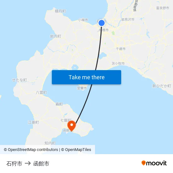 石狩市 to 函館市 map