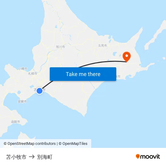 苫小牧市 to 別海町 map