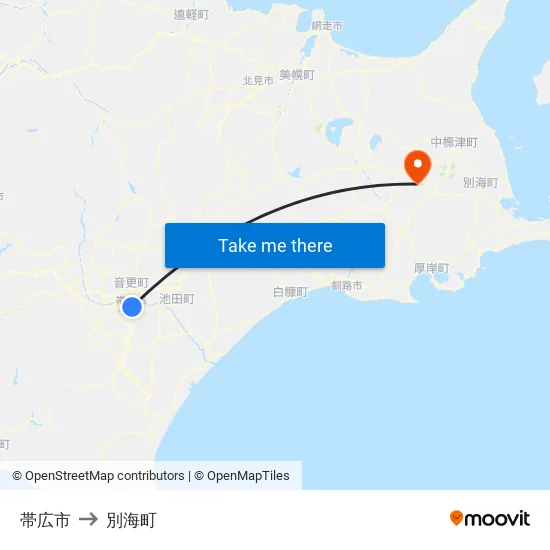帯広市 to 別海町 map