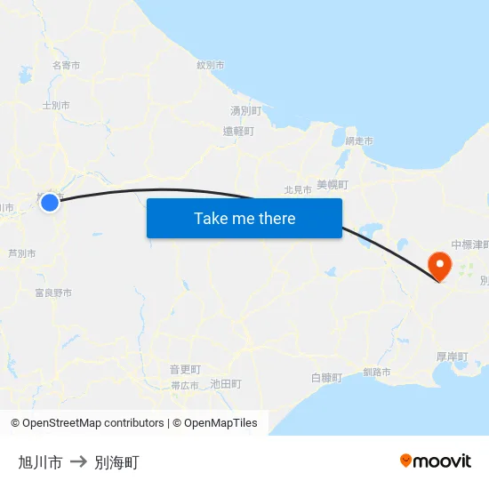 旭川市 to 別海町 map