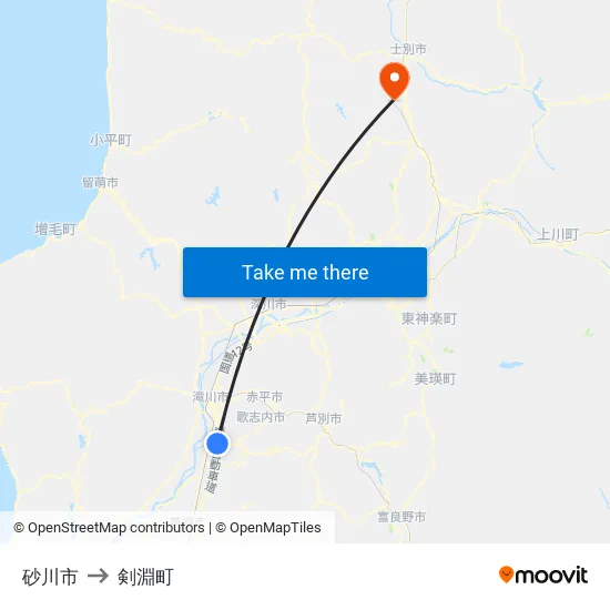 砂川市 to 剣淵町 map