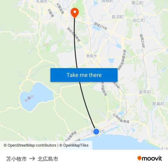 苫小牧市 to 北広島市 map