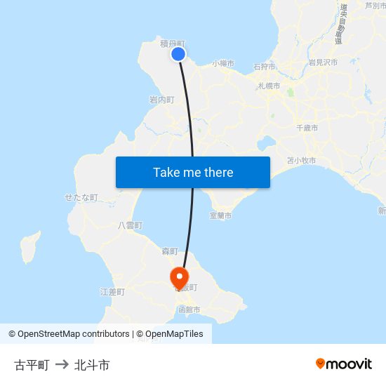 古平町 to 北斗市 map
