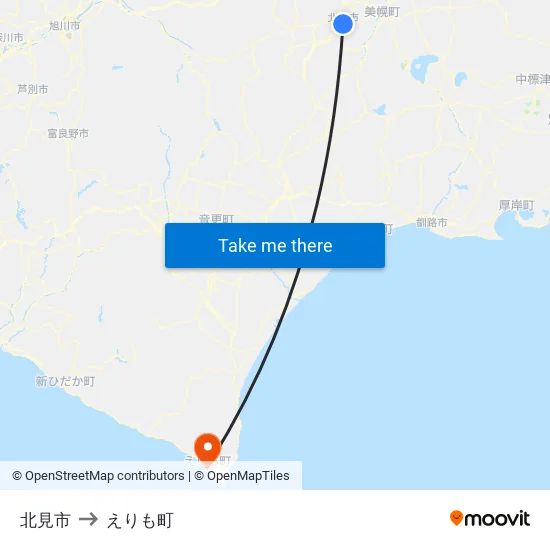 北見市 to えりも町 map
