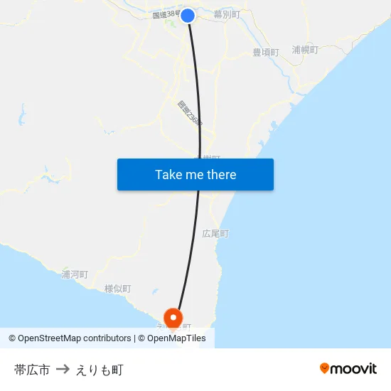 帯広市 to えりも町 map