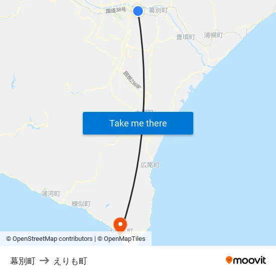 幕別町 to えりも町 map