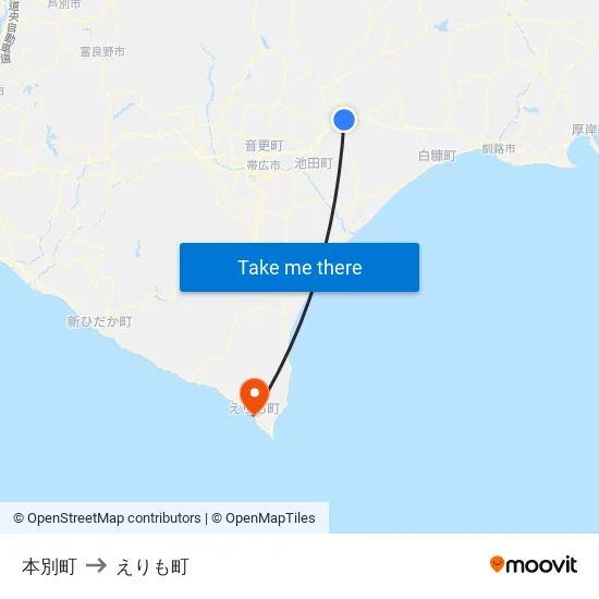 本別町 to えりも町 map
