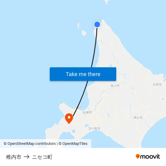 稚内市 to ニセコ町 map