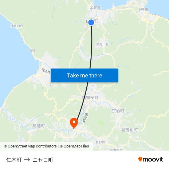 仁木町 to ニセコ町 map