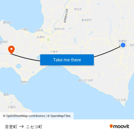 音更町 to ニセコ町 map