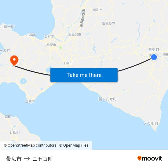 帯広市 to ニセコ町 map