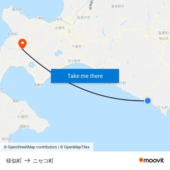 様似町 to ニセコ町 map
