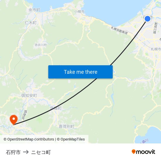 石狩市 to ニセコ町 map