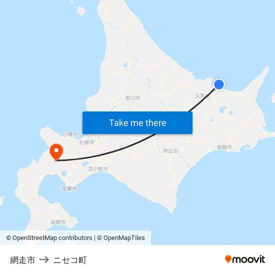 網走市 to ニセコ町 map