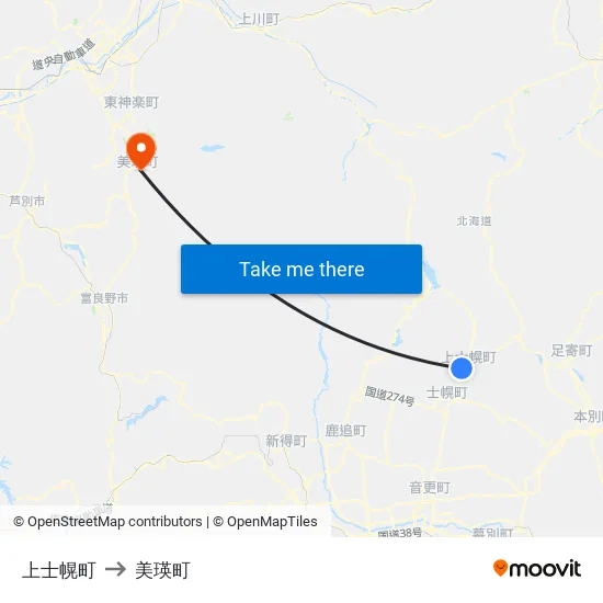 上士幌町 to 美瑛町 map