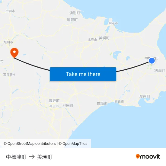 中標津町 to 美瑛町 map