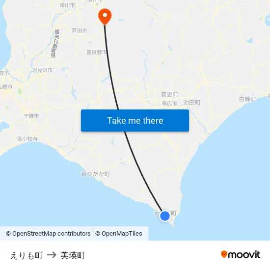 えりも町 to 美瑛町 map