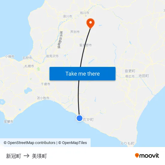 新冠町 to 美瑛町 map