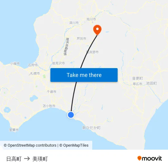 日高町 to 美瑛町 map