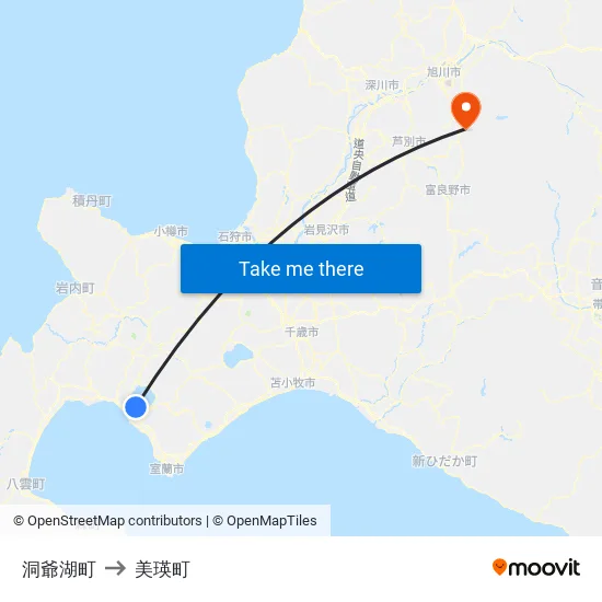 洞爺湖町 to 美瑛町 map