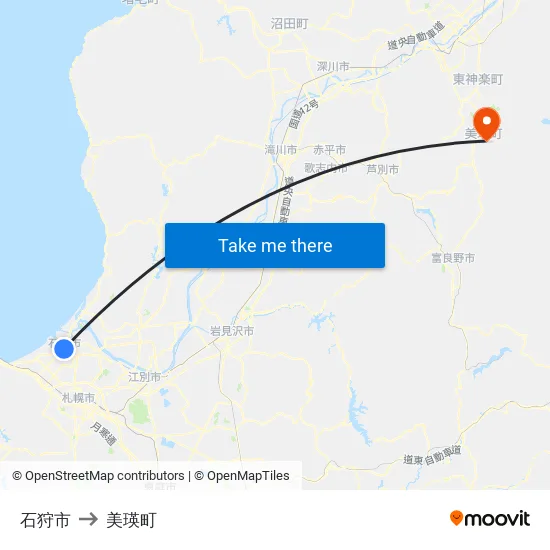 石狩市 to 美瑛町 map
