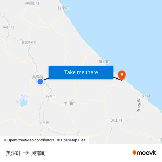 美深町 to 興部町 map
