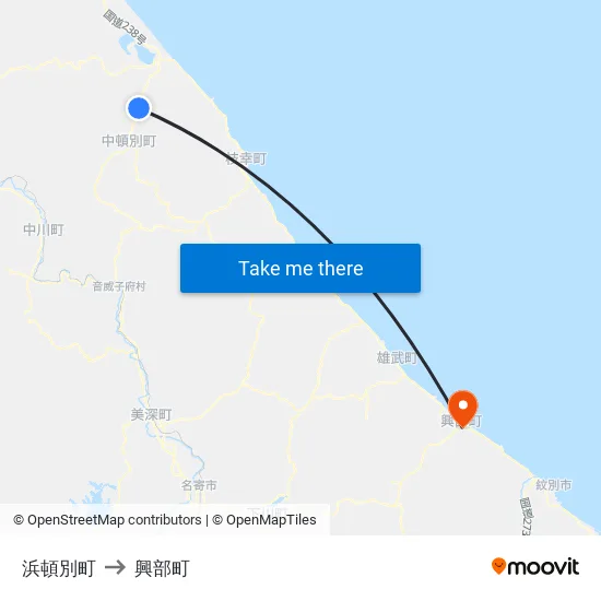 浜頓別町 to 興部町 map