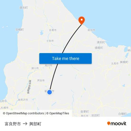 富良野市 to 興部町 map