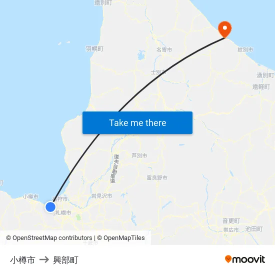 小樽市 to 興部町 map