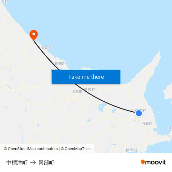 中標津町 to 興部町 map