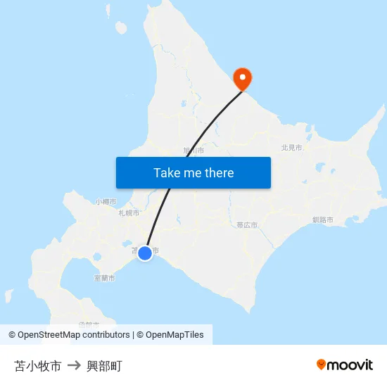 苫小牧市 to 興部町 map