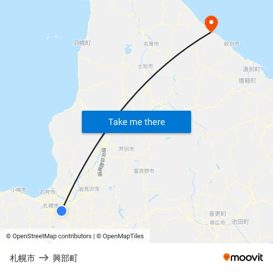 札幌市 to 興部町 map