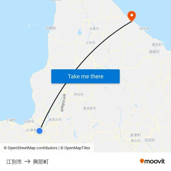 江別市 to 興部町 map