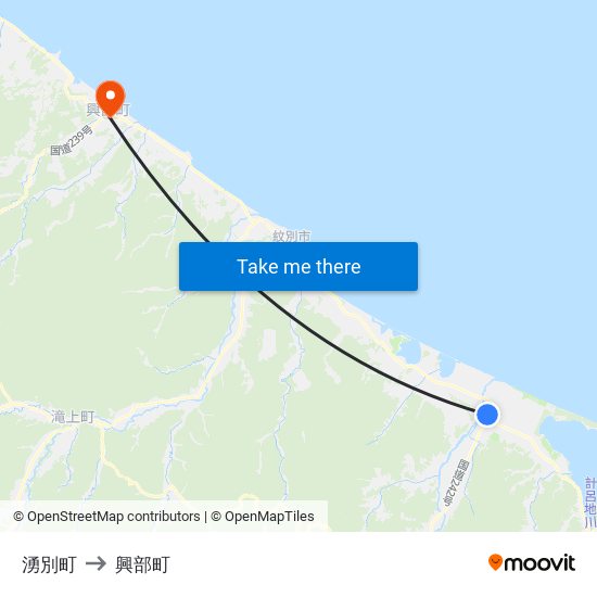 湧別町 to 興部町 map